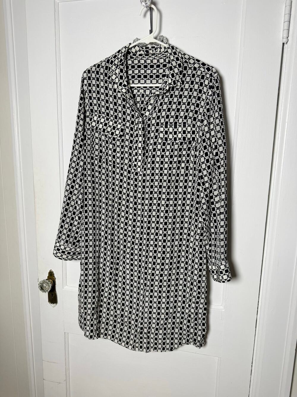 J McLaughlin Womens XL 100% Silk Shirt Dress Black Ivory Geometric Print